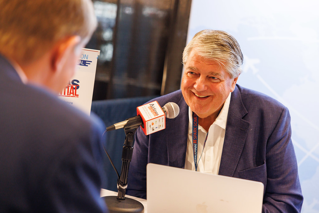 Scott McCartney with Charles Duncan, president of Norse Atlantic Airways, during a 2023 recording session at Aviation Festival Americas